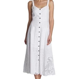 Saloni Fara B Dress Lace Embroidered V-Neck Button Up Pocket Midi White US 0